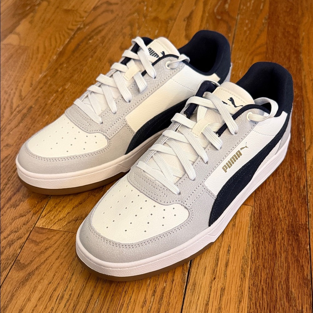 Puma White and Navy Low-Top Sneakers with Gum Sole